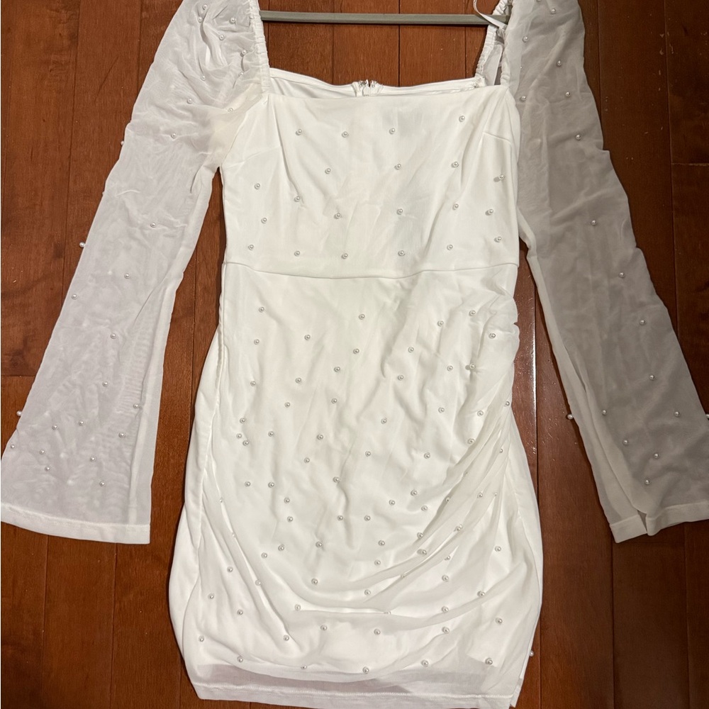 Lulus White Pearl Long Sleeve Mini Dress - Picture 2 of 4